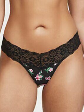 Victoria's Secret Cotton Thong Large Women Low Rise Panty VS Black Lace floral